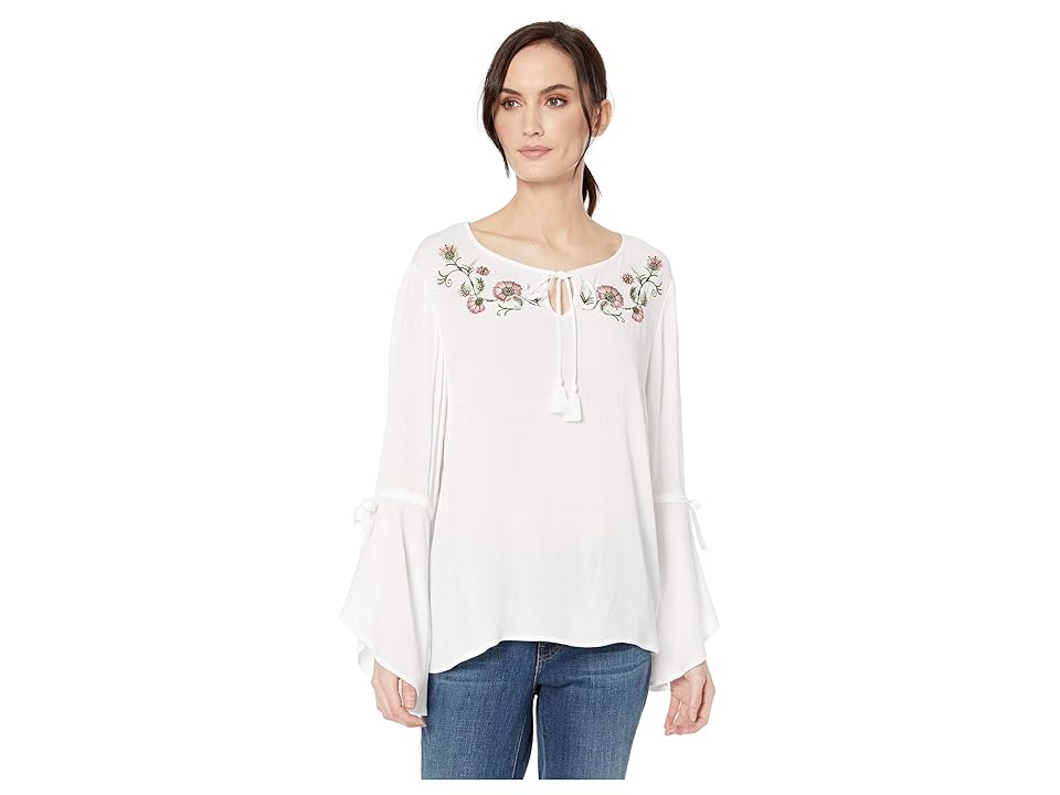 

Tribal Crinkle Woven Bell Sleeve Embroidered Blouse (White) Women's Blouse