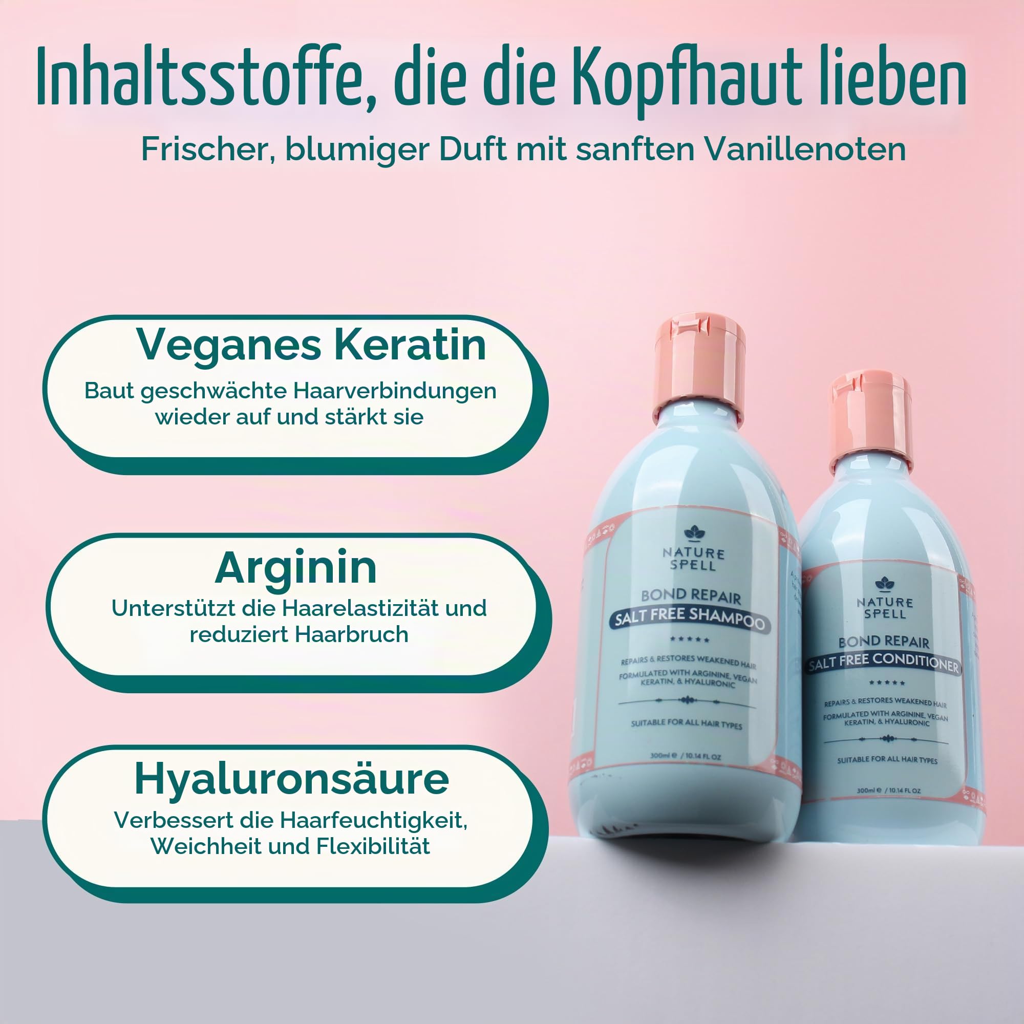 Nature Spell Bond Repair Shampoo- & Spülungsset, repariert geschädigte Haarstruktur und beugt Haarbruch vor, mit Hyaluronsäure, sulfatfrei, für alle Haartypen, vegan, 2er-Pack, je 300 ml