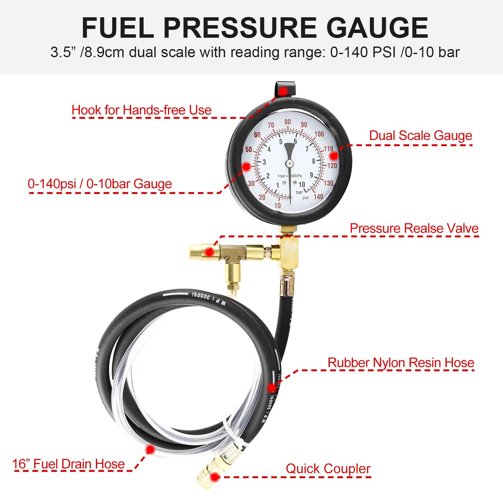 BOOMSTART 45tlg Professionelles Benzindruck Messgerät, 140 psi 10 bar Kraftstoffdruck Messgerät, Universell Kraftstoffdruckprüfer Benzindruckmesser Benzindruck Manometer für Auto LKW Fahrzeuge