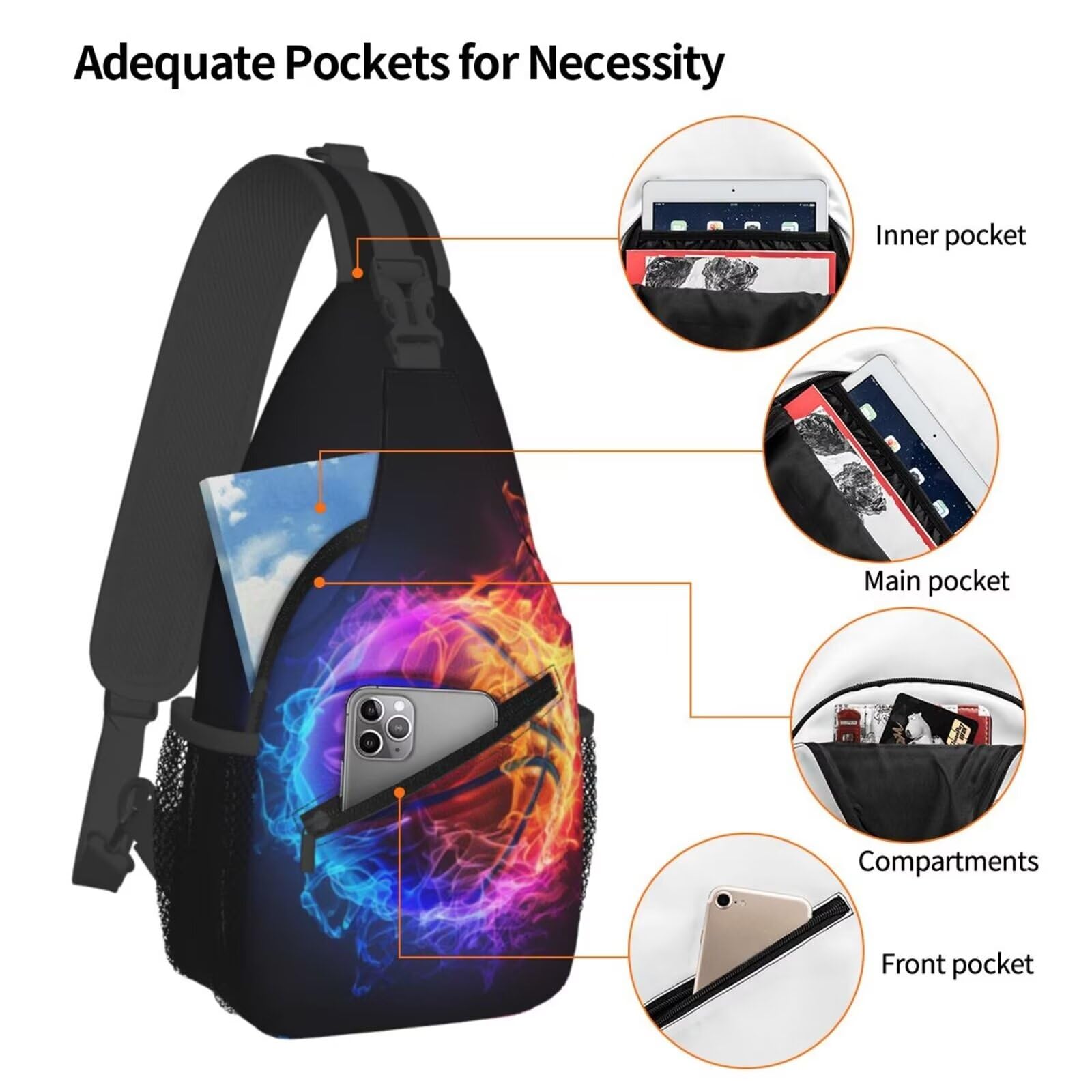 MAGIFUN Basketball Print Sling Bag Chest Shoulder Backpack Sport Ball on Fire Crossbody Bags for Men Women Water Resistant Shoulder Bag for Travel Hiking Outdoor Sports