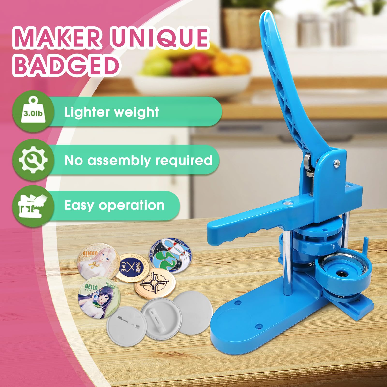 Pressa per Badge, Macchina da Stampa per Badge da 25+32+58 mm, Macchina per la Creazione di Bottoni fai da te con 300 pezzi di Parti del Pulsante, Guarnizioni di Immagine e Taglierina(Blu)