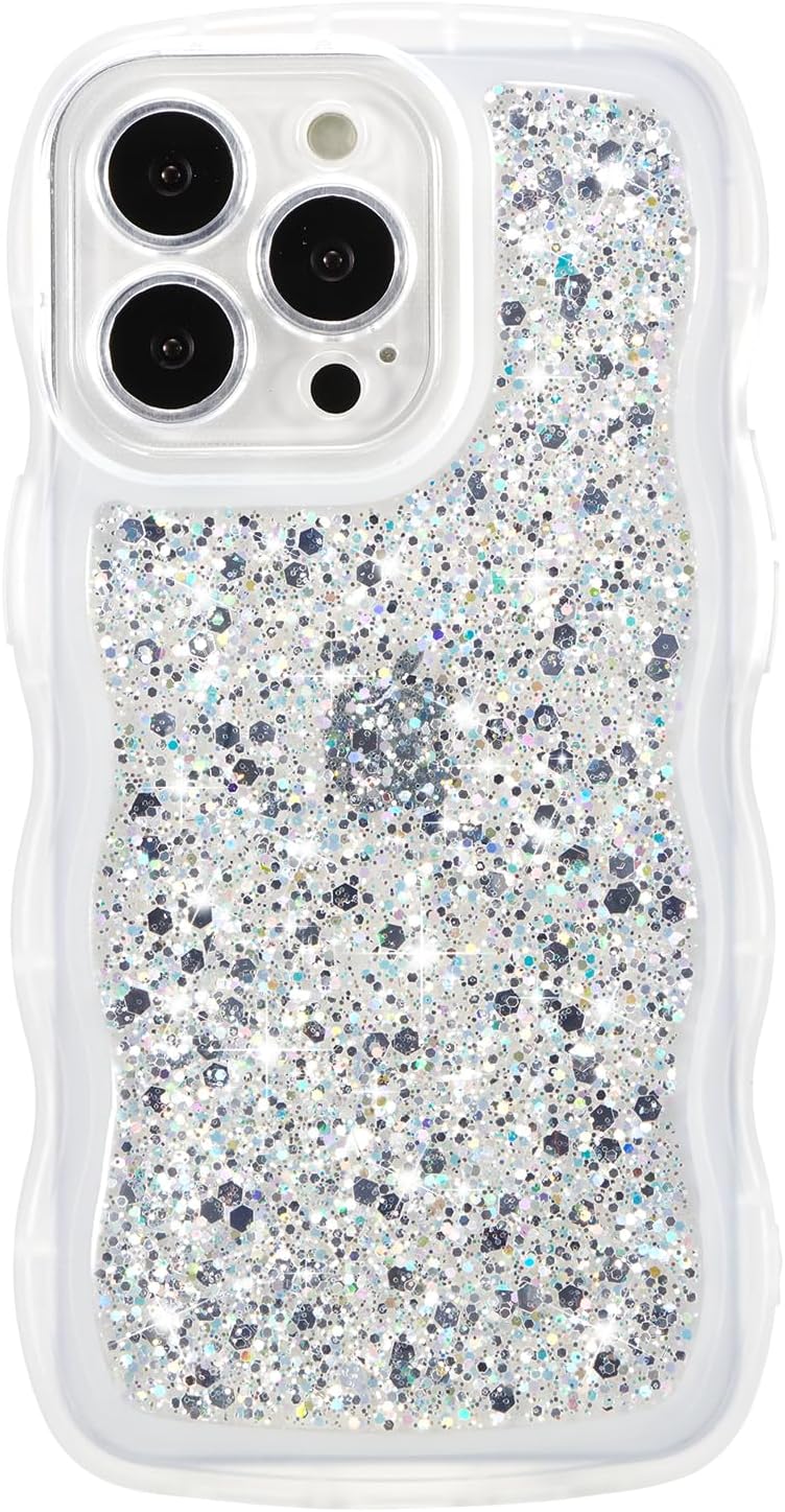 ZTOFERA for iPhone 15 Pro Max Case 6.7", Cute Curly Wavy Design with Glitter Sequins,Luxury Aesthetic Bling Sparkly Shockproof Protective Phone Case for iPhone 15 Pro Max-Glitter White