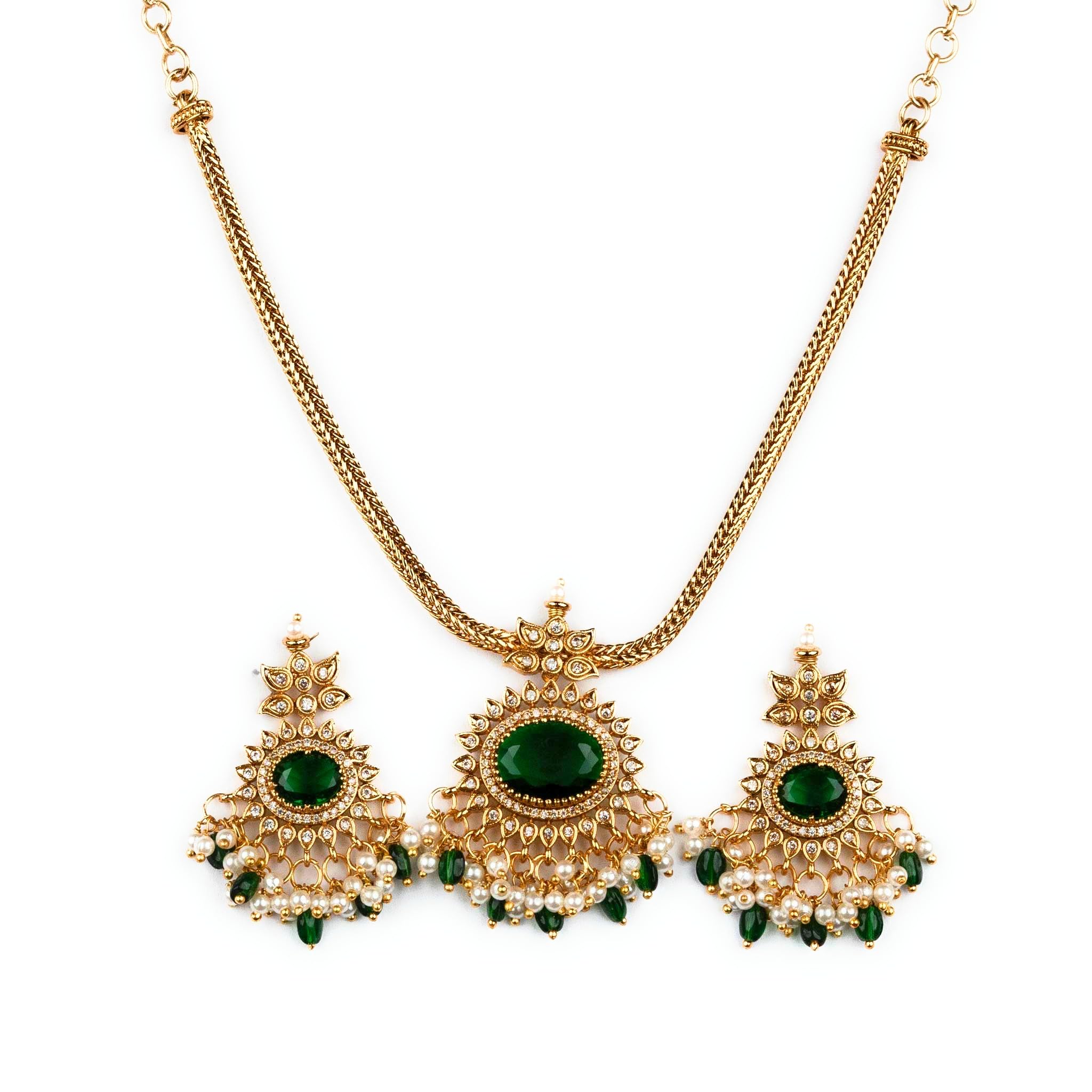 Temple Matte Gold Plated Oval Pendant Necklace Set with Pearl and Stone Beads