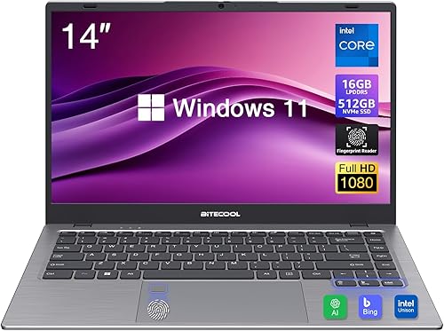 Miniatura 1 de BiTECOOL Computadora portátil Windows 11 de 14 pulgadas, 16 GB de RAM 512 GB NVMe SSD, procesador Intel Core N95 de hasta 3.4 GHz, pantalla FHD IPS,