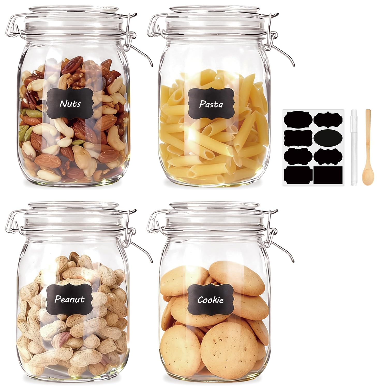 Glass Kitchen Storage Canister Mason Jars with Lids,32oz Airtight Glass Canister with Hinged Lid，Perfect for Kitchen Canning Cereal,Pasta,Sugar,Beans (Labels & Chalk Marker)-Set of 4
