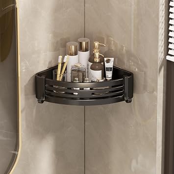 Corner Shower Caddy Adhesive Shower Corner Organizer Shelves Wall Mounted Rustproof Bathroom Holder Organizer No Drilling Stainless Steel Shower Storage Rack,Black,A