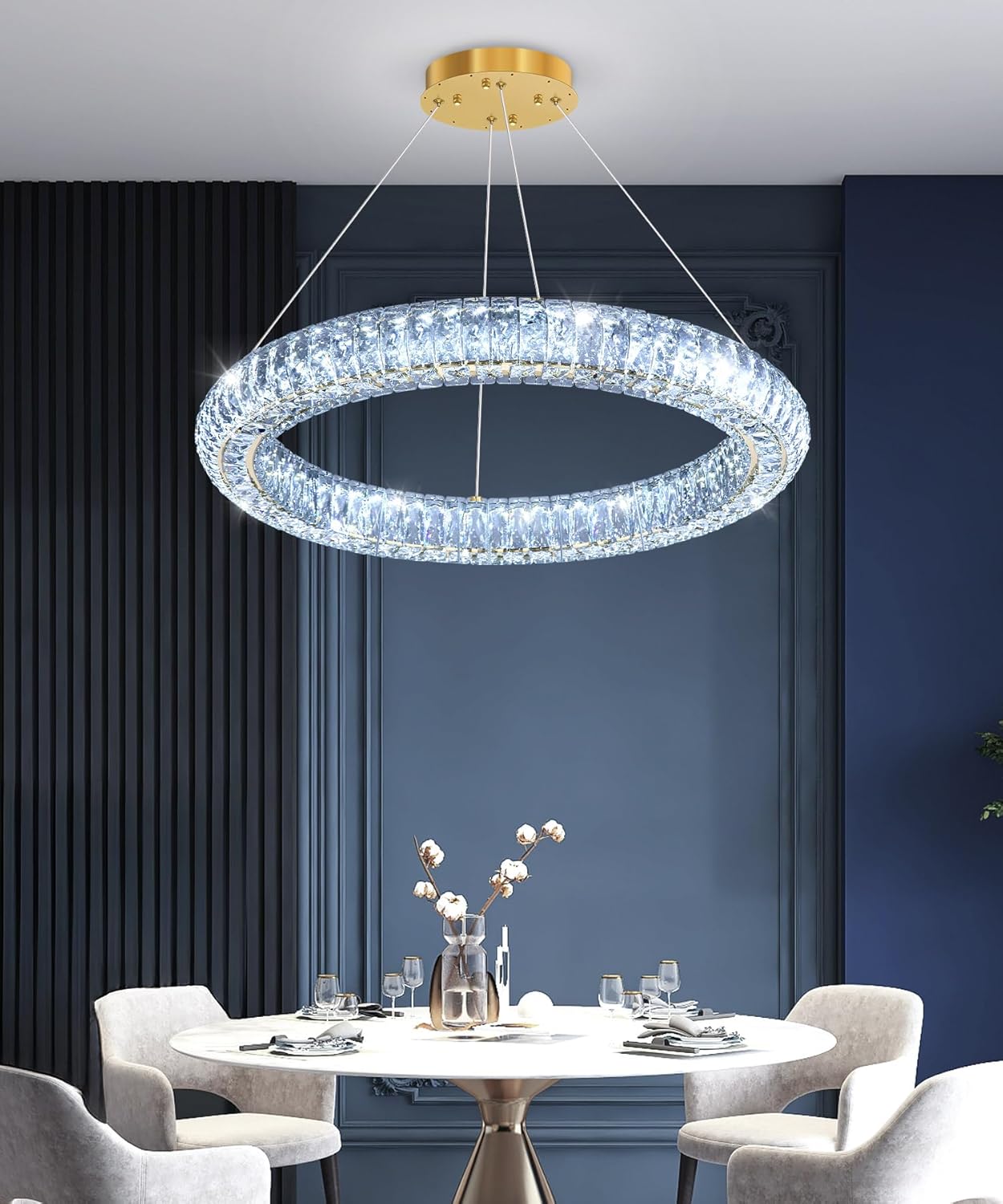 1 Ring Modern Crystal Chandelier Dimmable Ring Pendant Light Round Crystal Chandeliers for Living Room Dining Room Bedroom 23.6'' Gold