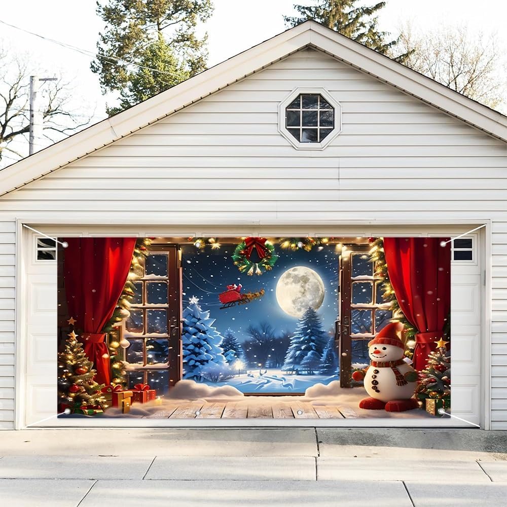 Leyiyi 7x16ft Christmas Garage Door Decorations Banner Red Window Curtain Rustic Wood Window Santa Claus with Gifts Forest Wonderland Garage Door Banner Backdrop for Christmas Shop Xmas Party Decor