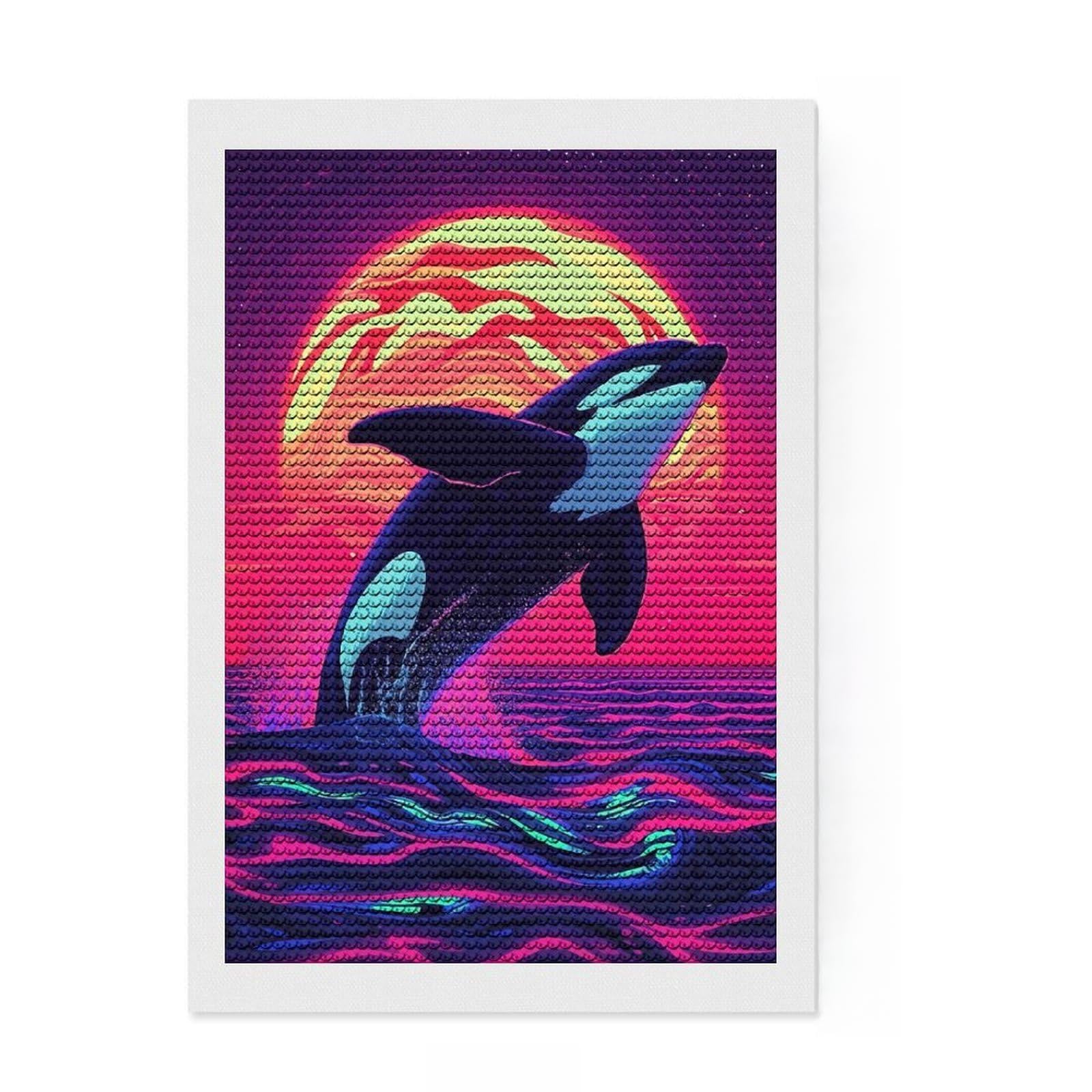 Junmoney Orca Leaping Neon Sunset Diamond Painting Canvas Kit 8"x12", Christmas Gift, for Women, with Tool Kit, Relaxing Handmade Project