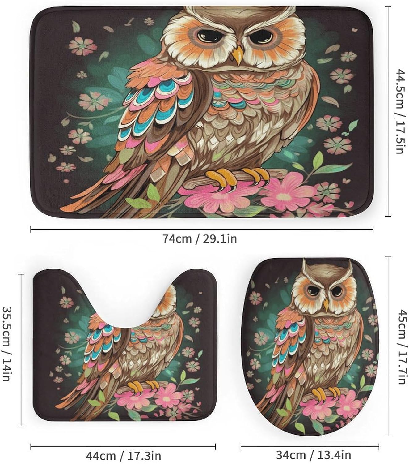4 Piece Shower Curtain Sets, Anime Owl, with Non-Slip Rugs Toilet Lid Cover and Bath Mat, for Bathroom Decor Set,with 12 Hooks image 3