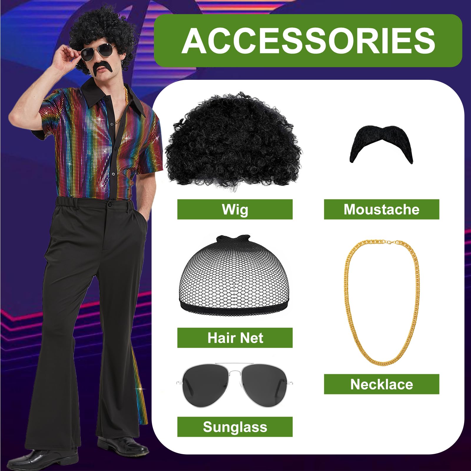 Ezuwail Herren 70er Jahre Disco Outfit Kostüm Kurzarmhemden Schlaghosen Perücken Halskette Schnurrbart Sonnenbrille 6Pcs