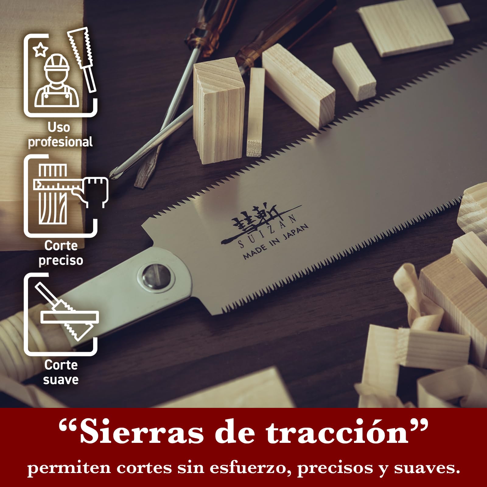 SUIZAN Ryoba Sierra japonesa de doble filo 240mm - Serrucho de mano profesional Herramientas carpinteria madera