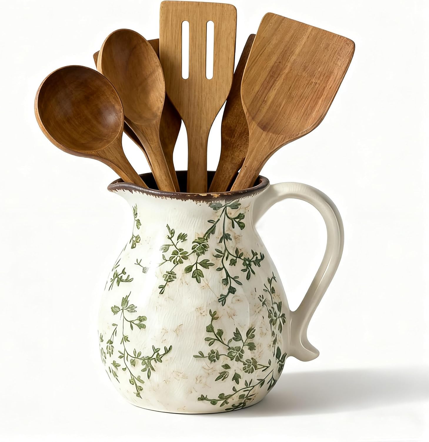 Ceramic Utensil Holder for Kitchen Counter, 6.1" Modern Rustic Farmhouse Cooking Utensil Holder with Handle, Kitchen Utensil Organizer Crock for Countertop Home Decor, Vintage Spoon Tool Tray(white)