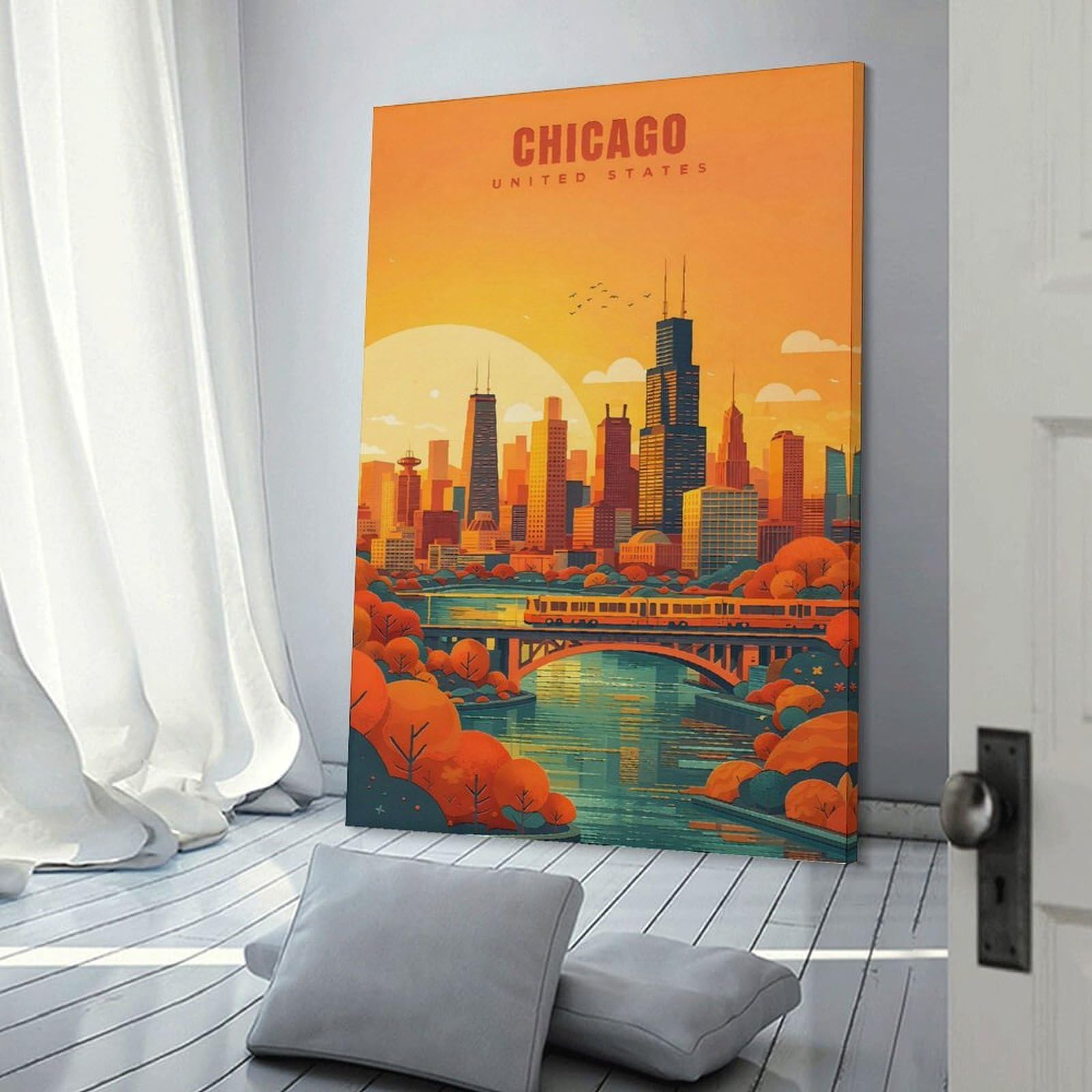 Junmoney Chicago Skyline at Sunset Wall Art Print 24x36inch(60x90cm), for Hallway, Entryway Or Landing, A Neat Decor Update for Hallways, for Everyday Interiors