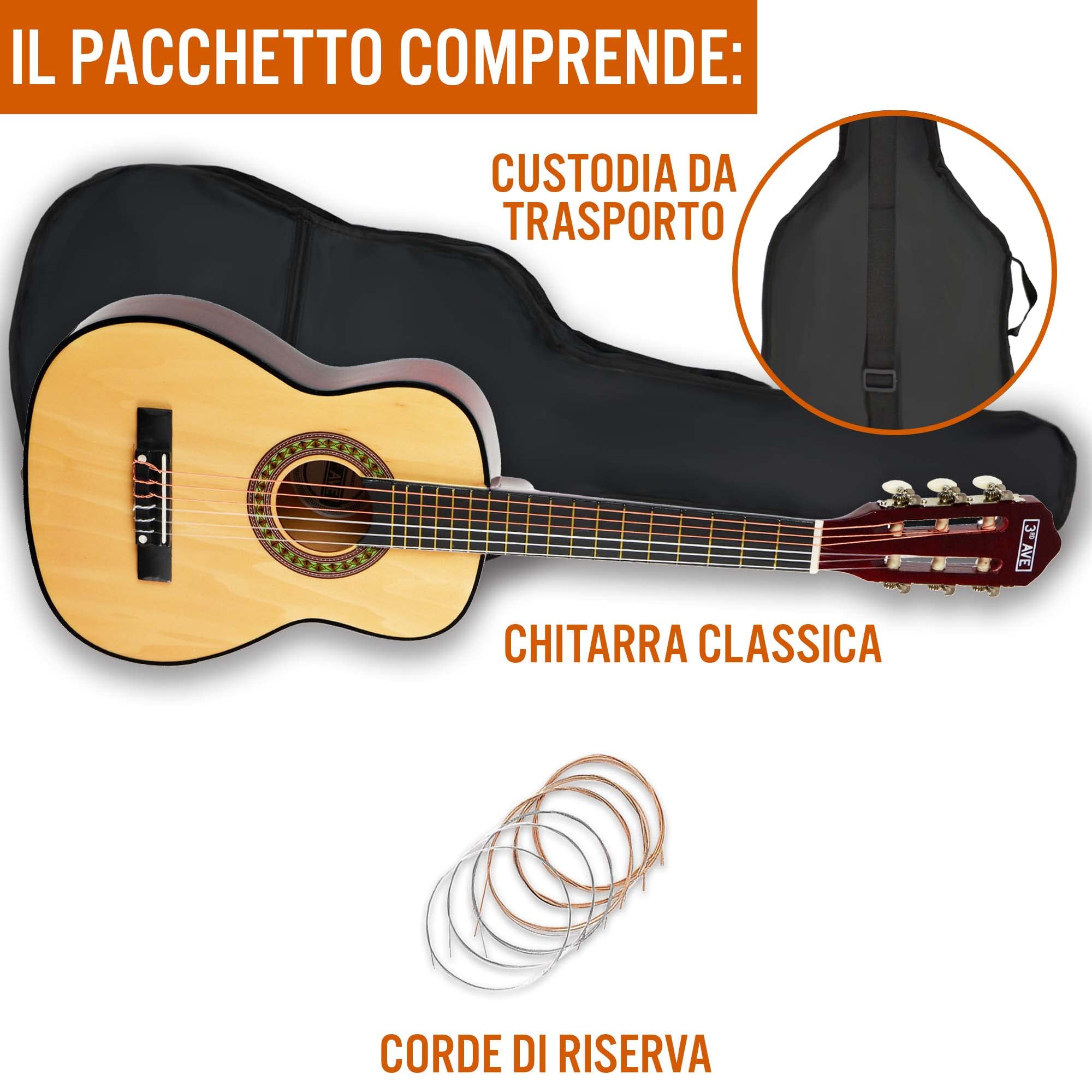 3rd Avenue Pacchetto Per Principianti Con Corde In Nylon Spagnole Per Chitarra Classica Da 1/4 Di Misura - 6 Mesi Di Lezioni Gratuite, Borsa, Corde - Naturale