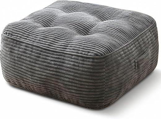 11" Thick Washable Floor Pillow for Adults, Yoga & Meditation Cushion with Handle, Square Large Pillows Seating with Removable Tufted Corduroy Cover for Tatami Living Room Board Games, Light Gray