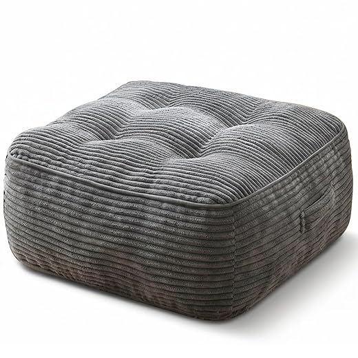 11" Thick Washable Floor Pillow for Adults, Yoga & Meditation Cushion with Handle, Square Large Pillows Seating with Removable Tufted Corduroy Cover for Tatami Living Room Board Games, Light Gray