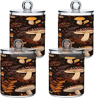Apothecary Jars Bathroom Storage Organizer with Lid - 14 oz Qtip Holder Dispenser, Mushrooms Clear Plastic Canister for Cotton Swab, Cotton Ball, 2PCS
