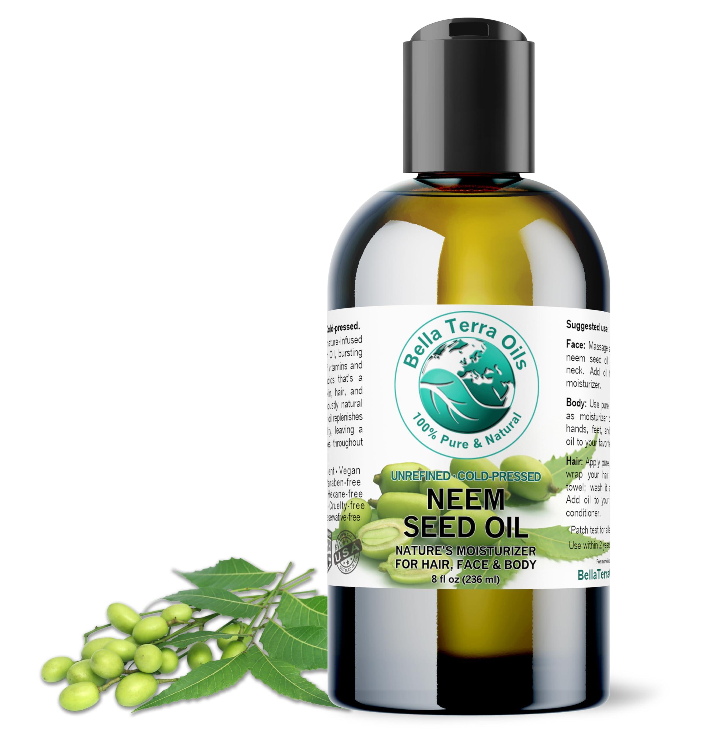 Bella Terra Oils - Organic Neem Seed Oil 8 oz - Harnessing the Power of Organic Neem Seeds, Rich in Stearic Acid, A Luxurious Elixir for Natural Skin Care