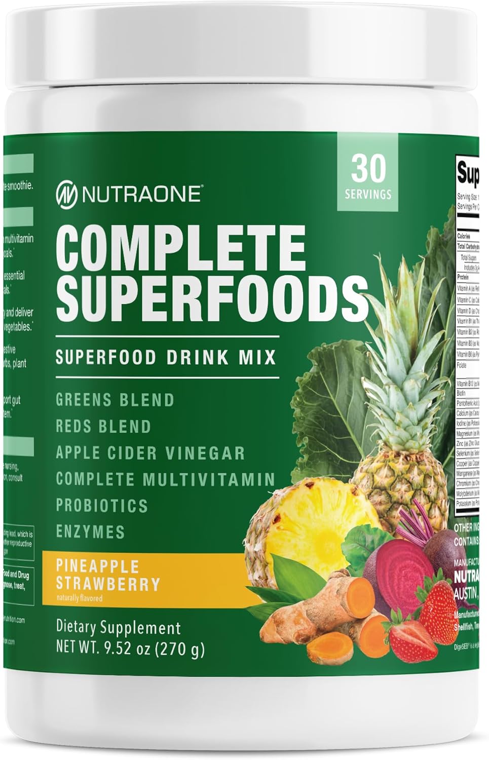 Complete Superfoods, Greens & Reds Blend*, Apple Cider Vinegar, Digestive Enzyme Blend*, Probiotic Blend*, Multivitamin* (Pineapple Strawberry - 30 Servings) (Cannister, Pineapple Strawberry)