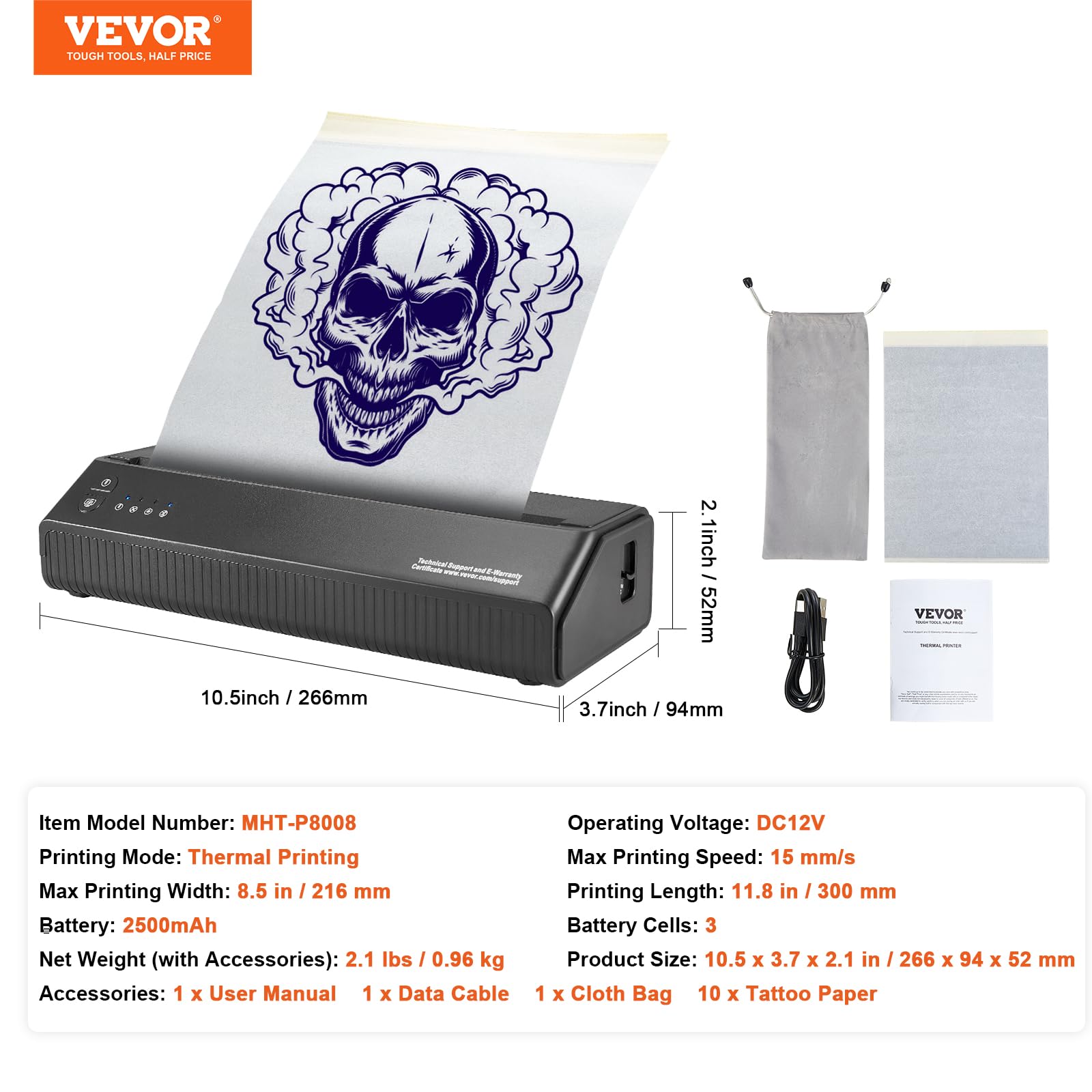 VEVOR Thermocopieur Tatouage sans Fil Bluetooth, Imprimante Tatouage avec 10 Papiers, Machine Transfert Tatouage iOS Android iPad PC