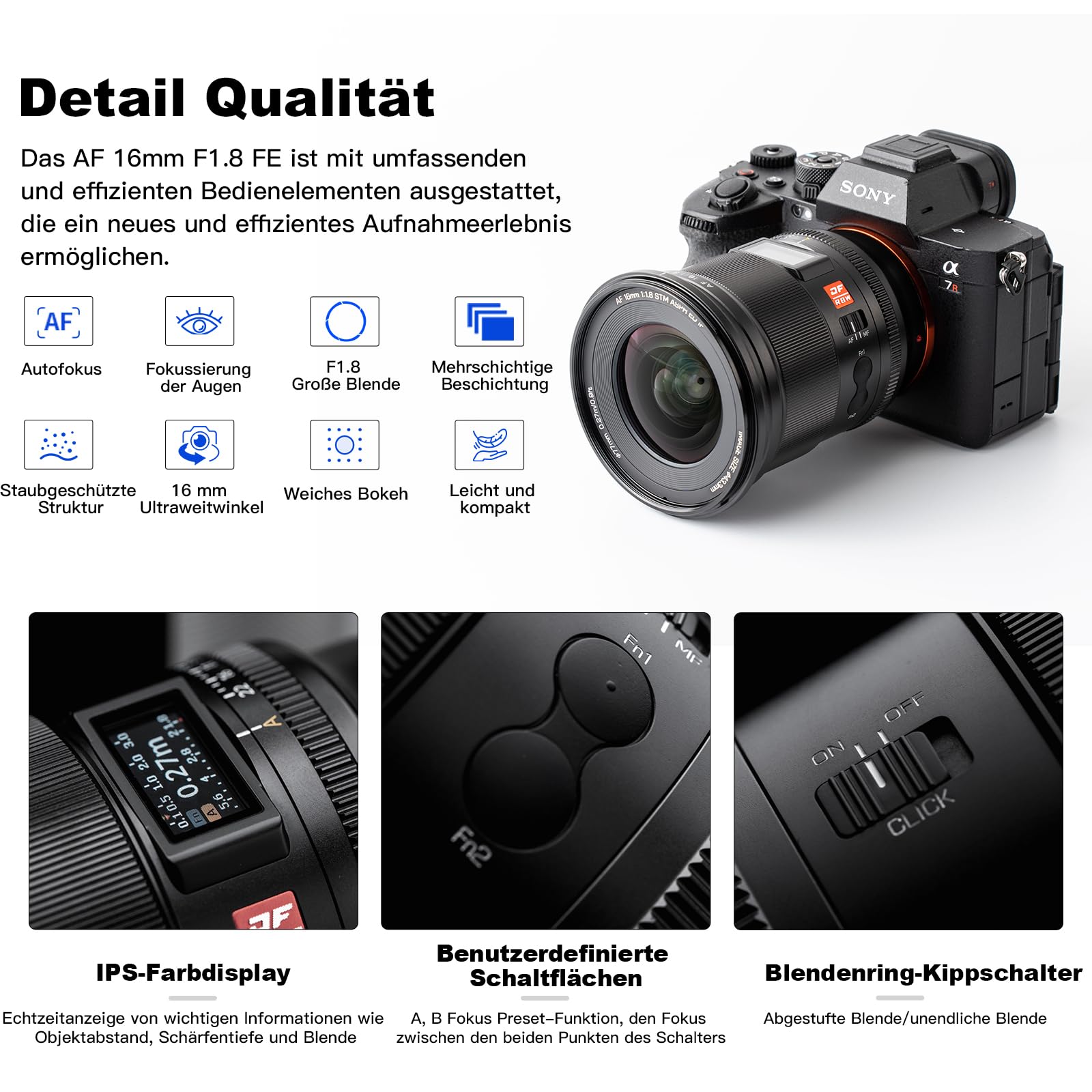 VILTROX 16mm F1.8 E Mount Objectif Autofocus Full Frame pour Sony E Mount Cameras Longueur Focale Fixe Auto Focus Grande Ouverture pour Sony a7 a7C a7III a7RIII a7RIV a7RV a9 a6100