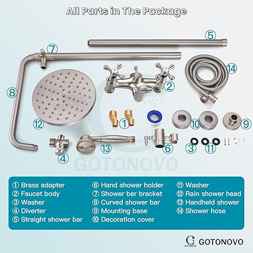 Miniatura 9 de gotonovo Juego de grifos de ducha expuestos, 8 duchas de lluvia, 2 pomos dobles, níquel cepillado, triple función, accesorio de ducha, conjunto de