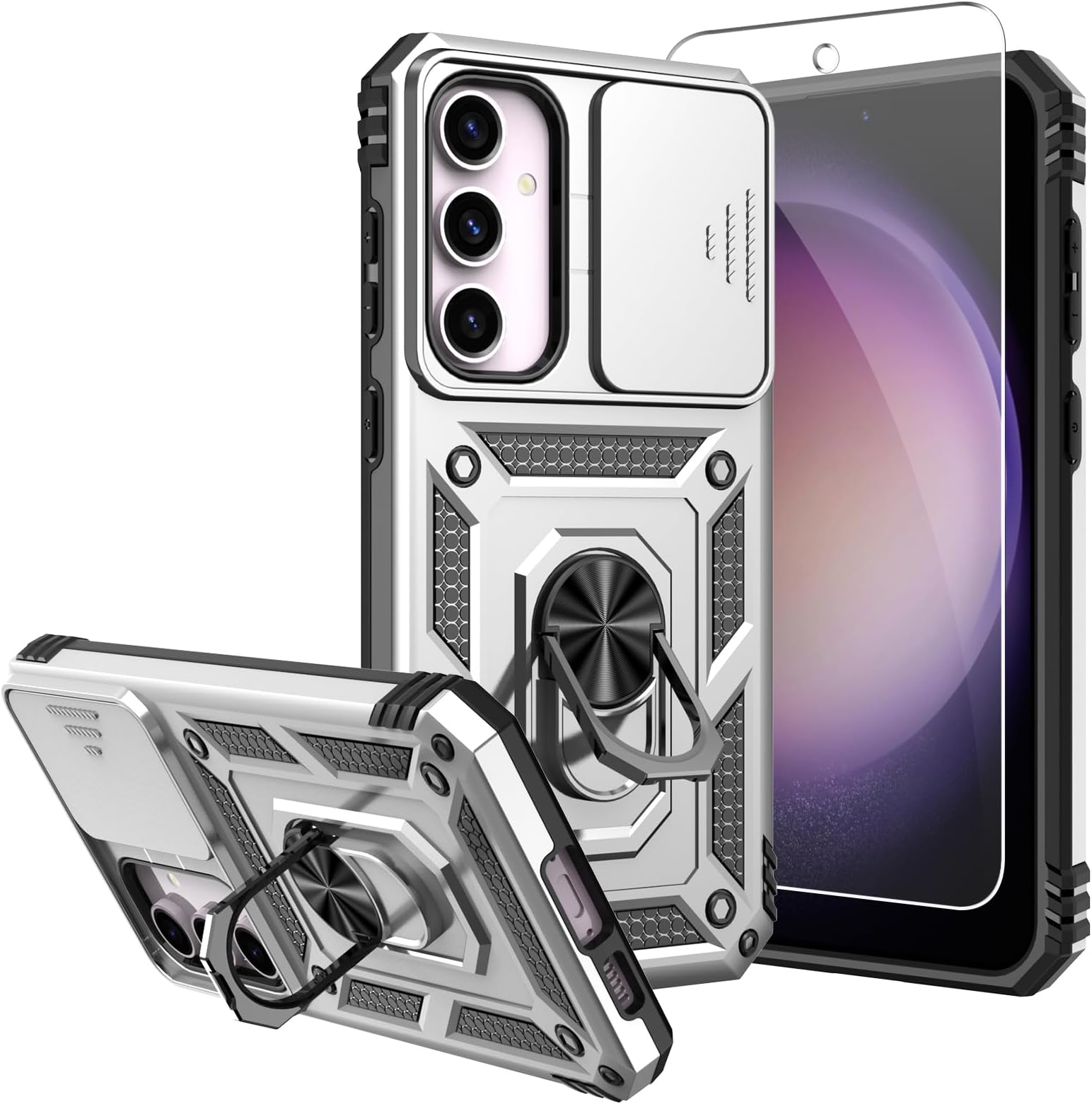 for Galaxy S23 FE Case,with Screen Protectors and Camera Cover,[Military Grade] 16ft.Drop Tested Cover with Magnetic Kickstand Protective Case for Samsung S23 FE 5G, Silver