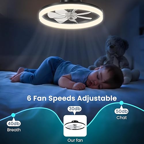 Miniatura 7 de CHAREADA - Ventilador de techo con luz, ventilador de techo plegable moderno de 20 pulgadas de bajo perfil con 6 velocidades de viento, luz de techo