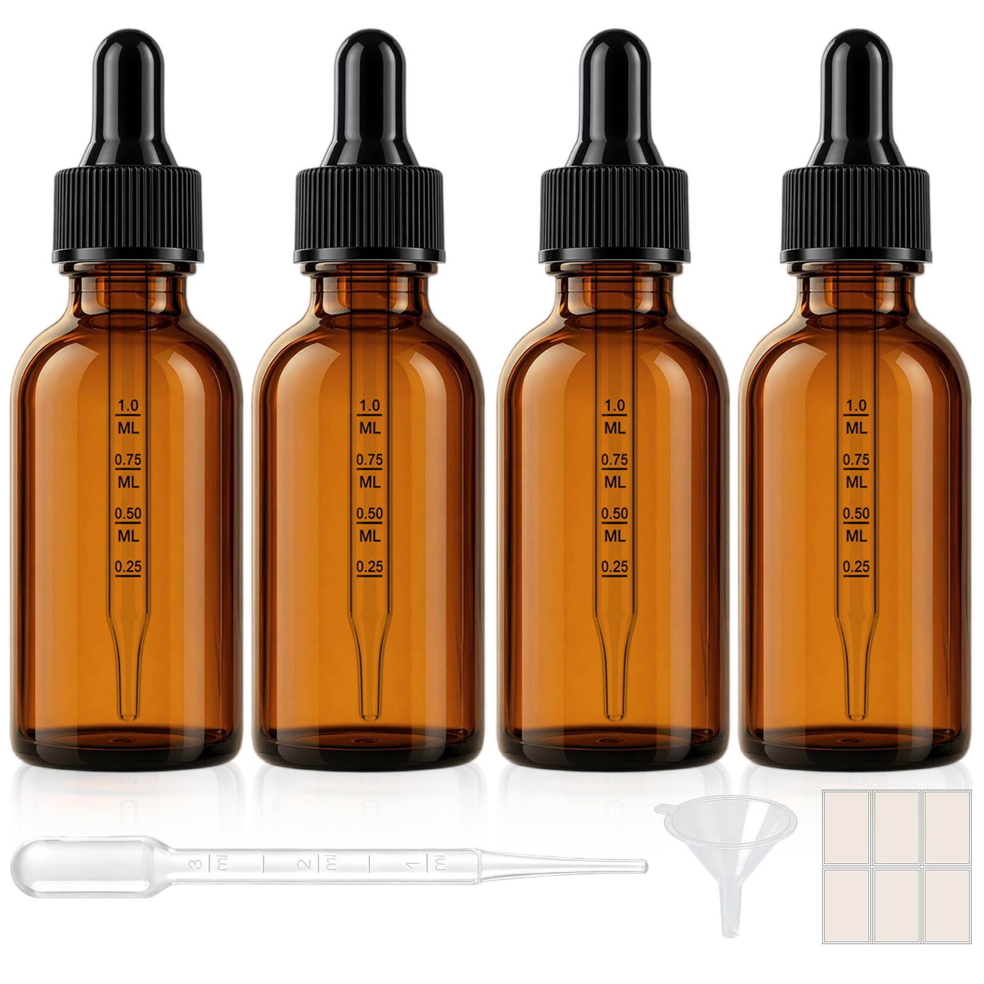 PrettyCare 4 Pack 2 oz Glass Dropper Bottles with Scale, Amber Tincture Bottles for Essential Oils, Hair Oil Applicator, Perfume &amp; Beauty Liquids - Thick Glass &amp; Leak-Proof Design
