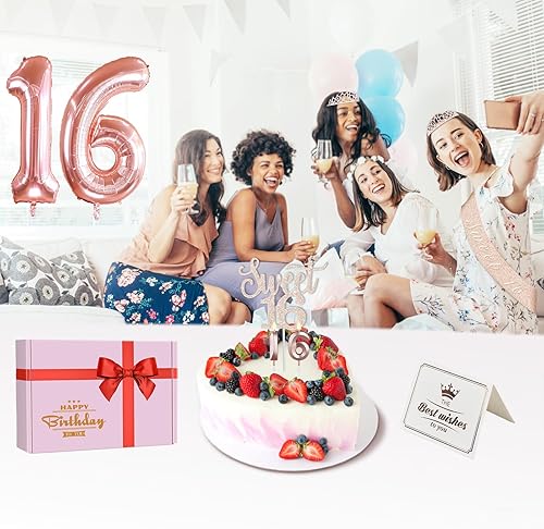Miniatura 163 de Decoraciones de cumpleaños número 17 para niña, incluyendo tiara y banda de cumpleaños de 17, decoración para pastel y velas, globos de números