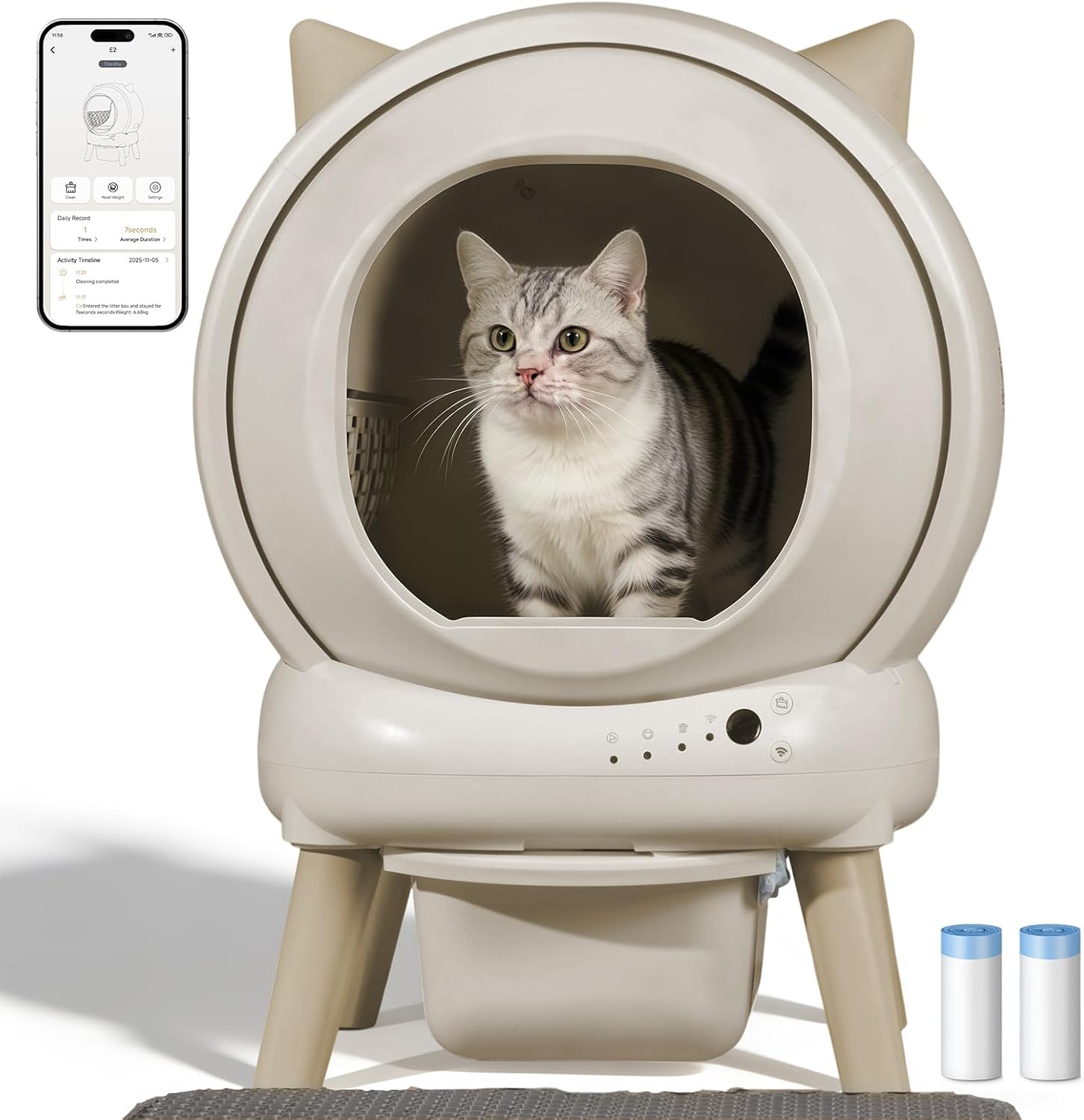 Self Cleaning Litter Box for Cats, E2 Automatic Cat Litter Box with Smart APP Control and Health Monitoring, Includes 2 Roll Trash Bag & Litter Mat, Off White