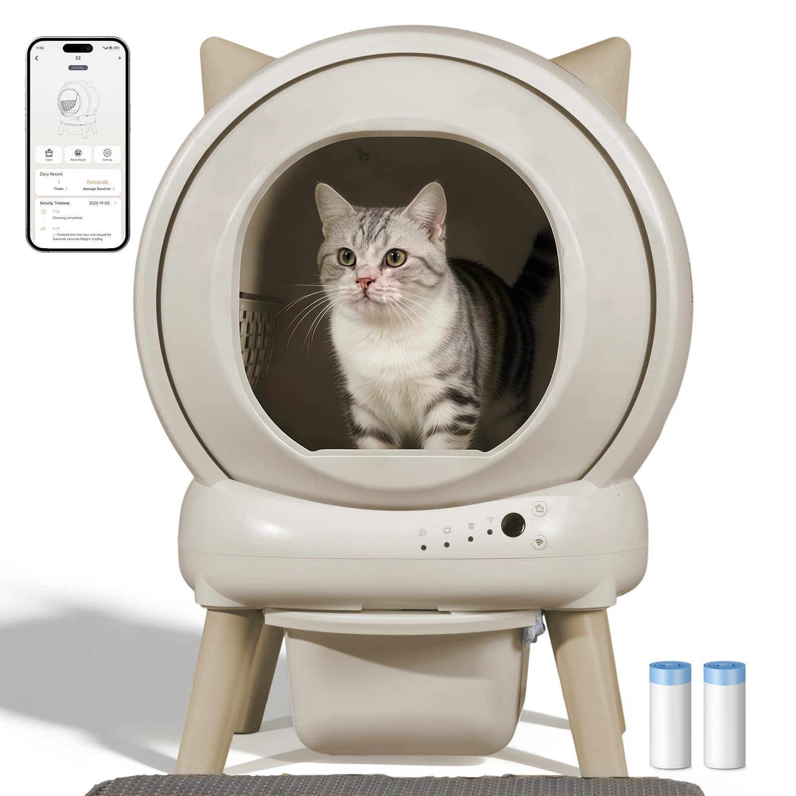 Petcharm Self Cleaning Automatic Litter Box for Multiple Cats, 9-Sensor Protection with Child Lock, APP Cat Weight Tracking, 50L Large Capacity, Odor Control, Includes 2 Roll Trash Bag (Ivory White)
