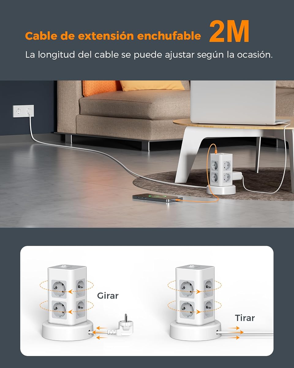 TESSAN Power Strip Sockets with USB C, 11 in 1 Vertical Power Strip with Switch, Tower Extension Plug with Retractable Extens — view 2