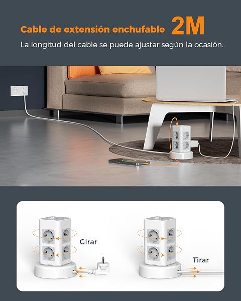 TESSAN Power Strip Sockets with USB C, 11 in 1 Vertical Power Strip with Switch, Tower Extension Plug with Retractable Extens - 2