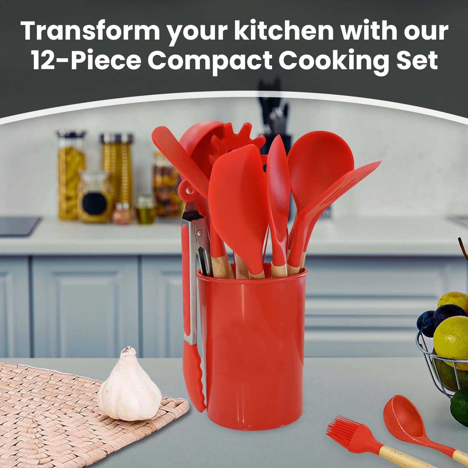 AEX 12 Pcs Silicone Kitchen Utensils Set including Holder Heat Resistant Cooking Utensils for Non Stick Pans Wooden Handle Spatula & Spoon Set Kitchen Tools Set (Red) - Image 2
