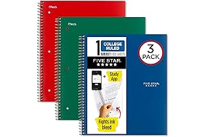 Five Star Spiral Notebooks, College Ruled, 1 Subject, 3 Pack, 100 Sheets Each