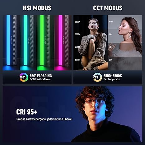 NEEWER RGB Light Rod with Table Tripod, Magnetic Hand Photography Video Lighting Bar, 2500K-8500K Dimmable CRI95+ Full Colour LED Tube Light Strip, 2550 mAh Battery, 17 Scenes for Vlog TikTok, TL20C - Image 2