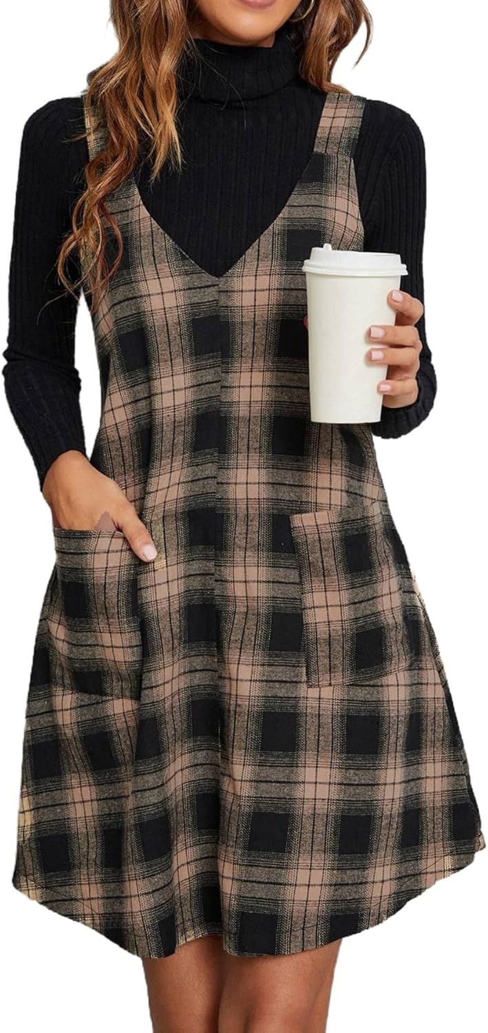 Milumia Women's Plaid V Neck Pinafore Overall Short Dress Losse Mini Jumper Dress with Pockets