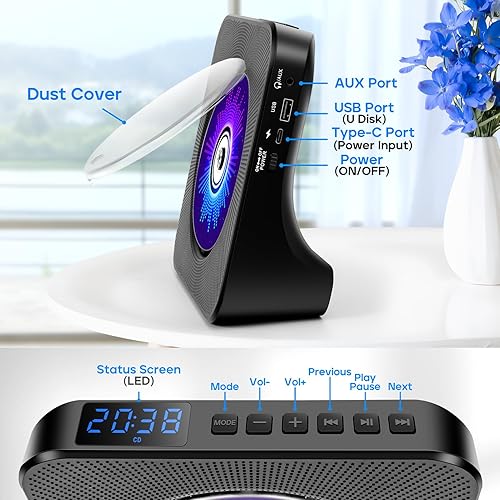 Miniatura 4 de Reproductor de CD de escritorio con altavoces, reproductores de CD ROADOM para el hogar, reproductor de CD portátil con sonido estéreo Bluetooth de