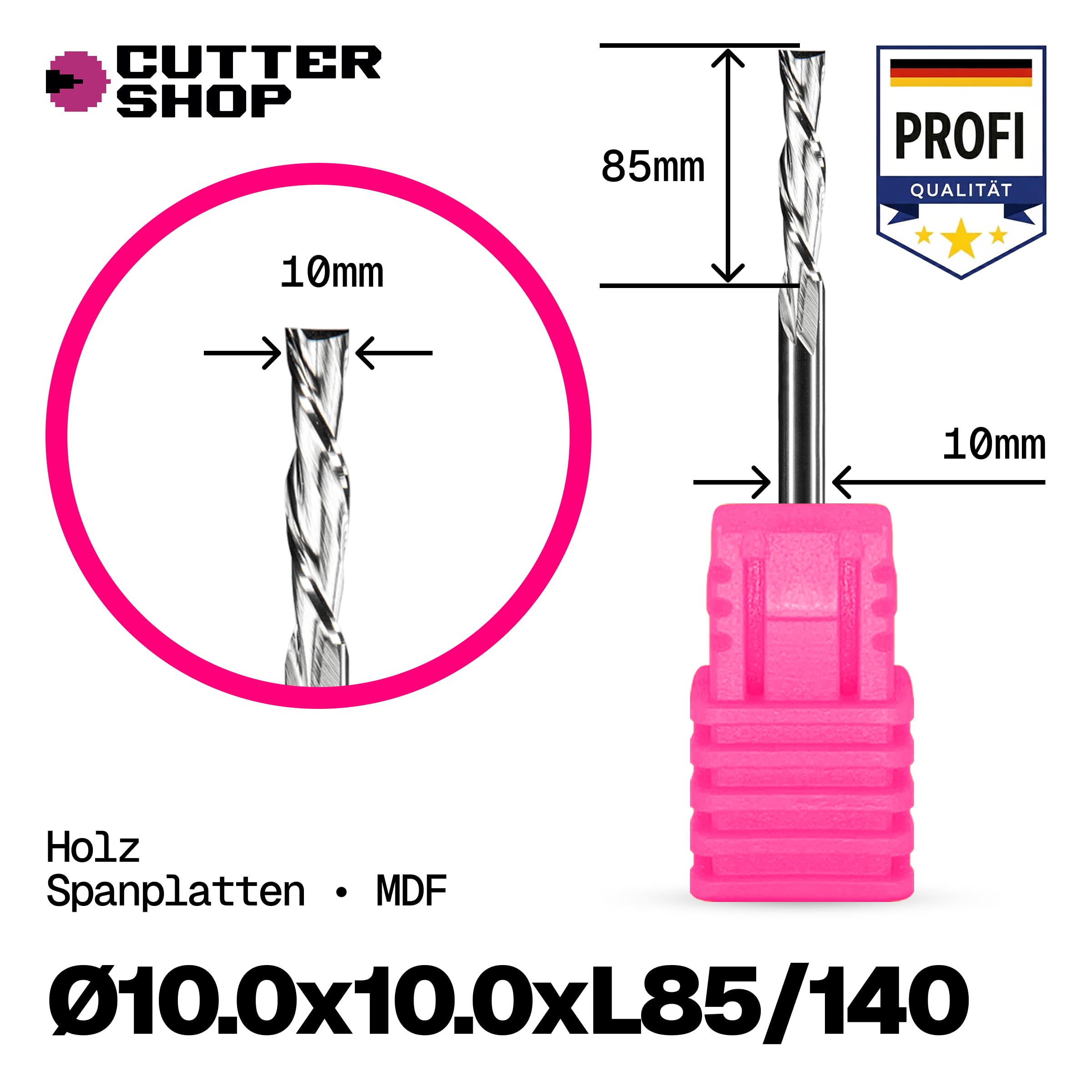 Fresa CNC para madera y plástico – Down-Cut (virutas hacia abajo), de 2 filos, ranura helicoidal, HRC65 | Serie WD – D10.0x10.0xL85/140