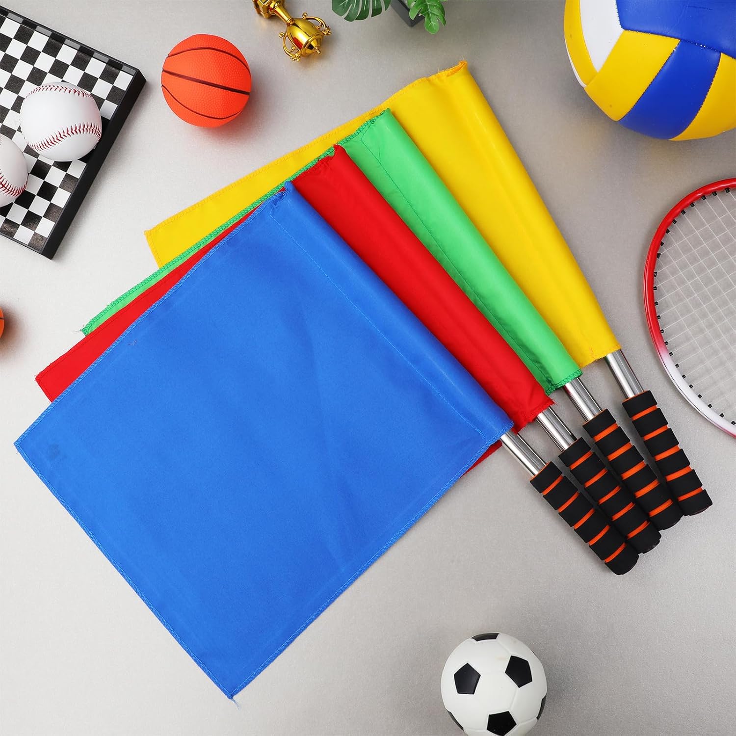 Generic 4pcs Handheld Referee Signal Flags Set with Red, Yellow, Blue, Green Sturdy Fabric for Sports Competition, Match Conducting, and Traffic Warning