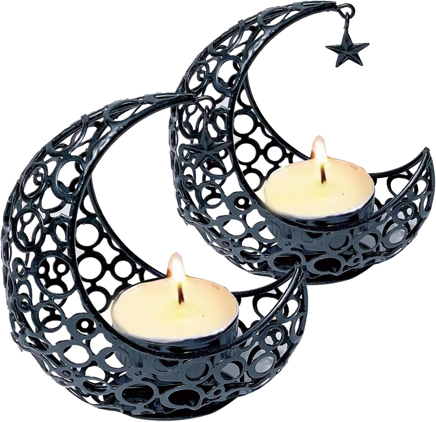 Moon Tea Light Candle Holder, Black Metal Decorative Candle Stand for Home Decor, Gift (2Pcs)