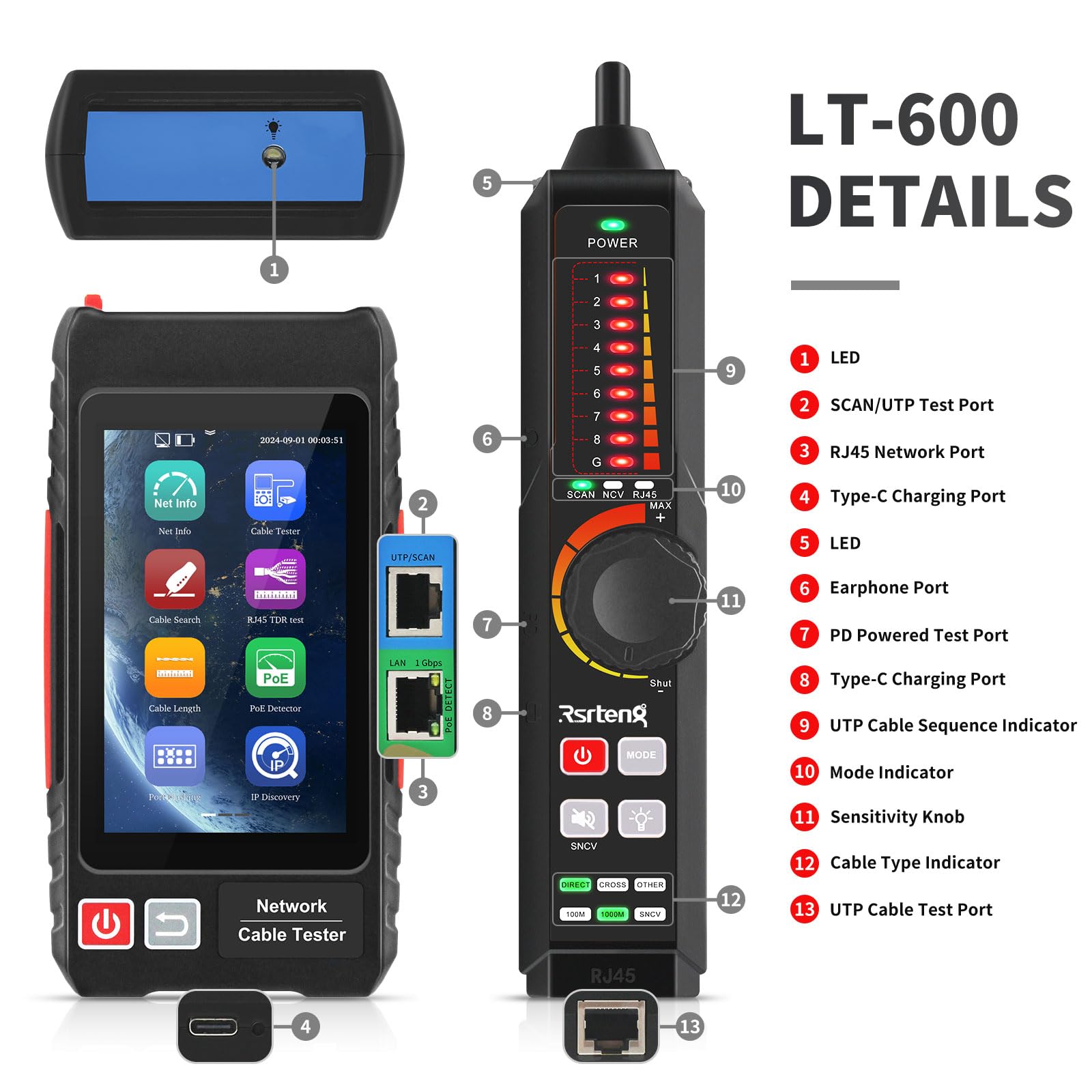 Tester multifunzione per cavi di rete, tester per cavi Ethernet UTP, tracciatore di cavi, tester di rete touch screen IPS ricaricabile da 4 pollici, test POE, RJ45 TDR, lunghezza, strumenti di rete IP