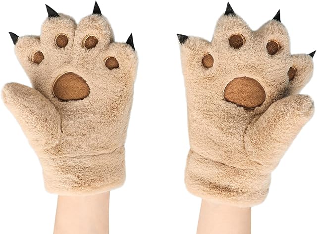 Qchomee Women Girls Cat Bear Paw Claw Gloves Mittens Plush Warm Winter Animal Wolf Paw Handwear Cute Cartoon Claw Mittens with String Cosplay Party Halloween Christmas