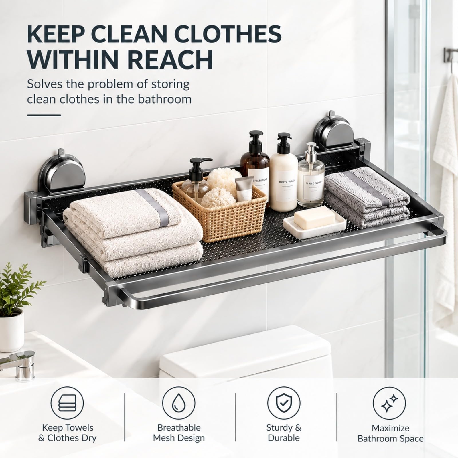 44/60CmAccesorios BañO Sin Taladro Ventosa Colgador BañO Negro Plegables