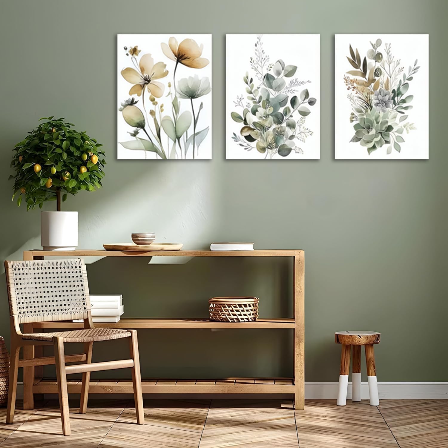 Zielone botaniczne płótno ścienne sztuka mądry zielony Boho kwiatowy plakat, obrazy do salonów, sypialni i biur (20 x 30 cm x 3/ramka wewnętrzna)