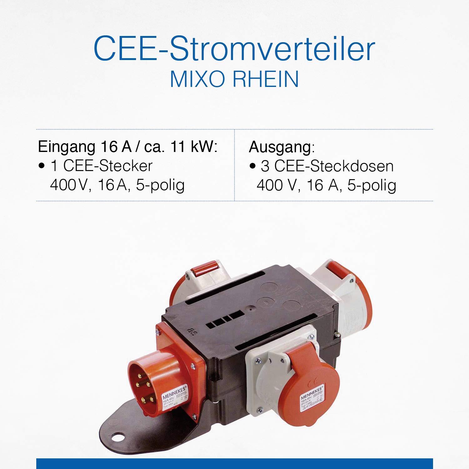 as - Schwabe MIXO Adaptador/Distribuidor de corriente RHEIN - Enchufe CEE de 5 polos a 3 tomas CEE de 5 polos - Robusto distribuidor de corriente para obras - IP44 I 60531