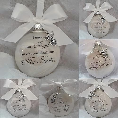 Miniatura 6 de Adornos conmemorativos de Navidad, bola de plumas con texto en inglés "I Have an Angel in Heaven" con un pequeño ángel de Navidad, para mamá, papá,