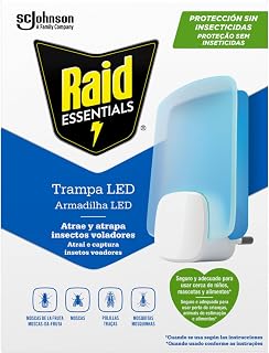 Raid Essentials Trampa LED Antimoscas, Antimoscas de Fruta y Antipolillas, Sin Insecticida, Seguro para Toda la Familia, Inodoro y Sin Residuos, Uso Interior, 1 Aparato y 1 Recambio.